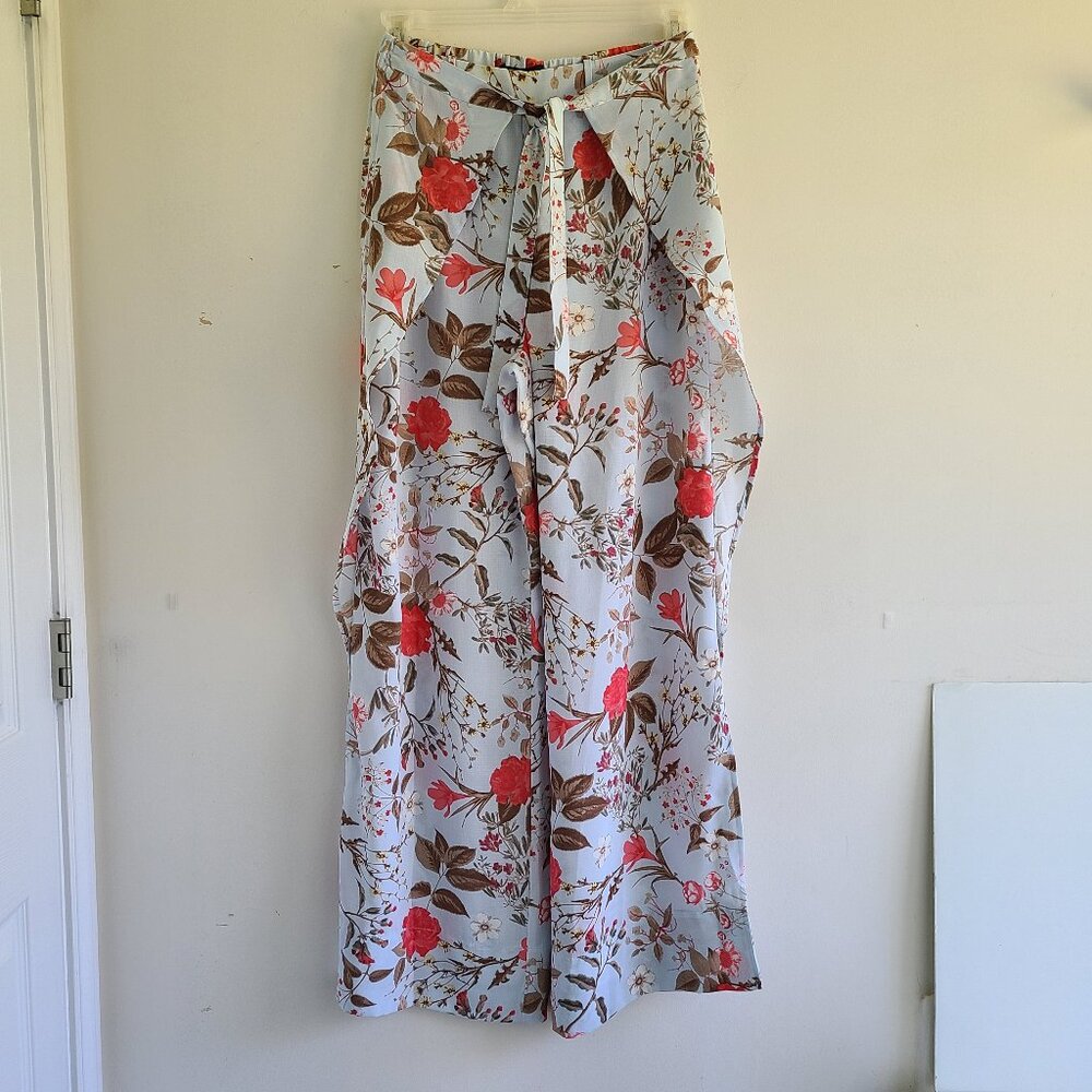 NWT Pants Ellen Tracy Floral L Blue Pull On Wide Leg Spring Summer Hippie Boho
